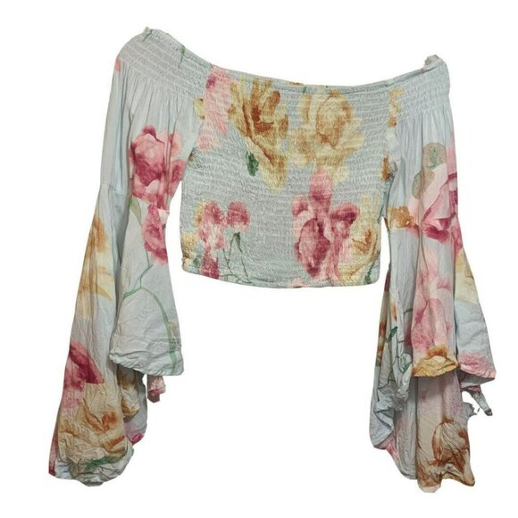 Jaase crop top bell sleeves floral print smocked blue size M - Picture 1 of 4